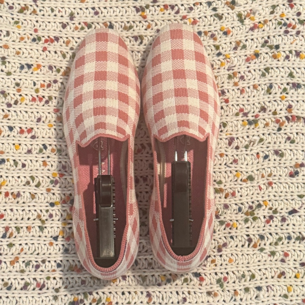 Rothy's Marta Ferri Pink Blush Gingham Checkered Plaid Merino Squared Loafers 10